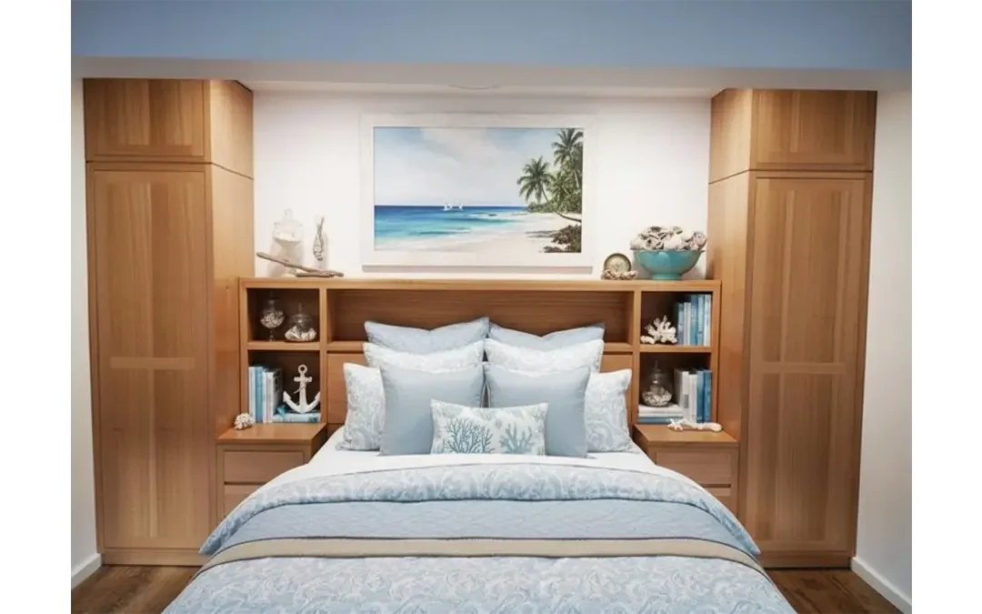 Custom timber bed frame and wall unit in natural finish, showcasing Australian craftsmanship for coastal bedroom design.
