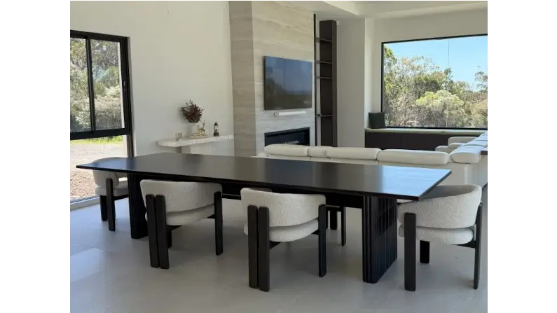 Coastal-Design-Furniture-custom-made-black-dining-set-795x447 Custom black dining table with solid timber and handcrafted chairs in modern Central Coast home setting.