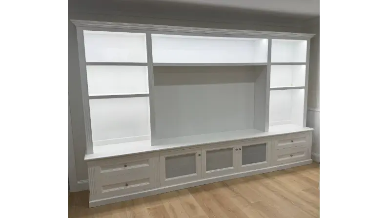 Bespoke white wall unit crafted from solid timber, perfect for coastal homes in Central Coast, NSW.