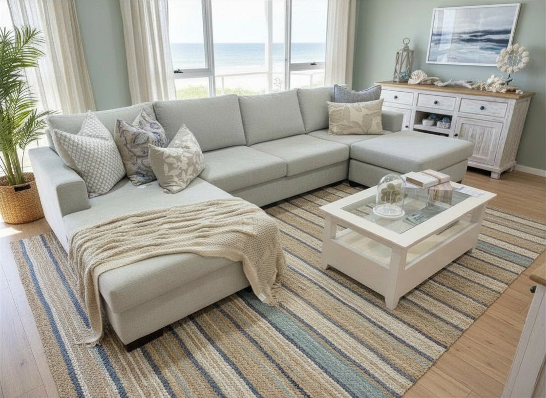Set of coastal lounge furniture with light blue sofa and two matching armchairs in a bright open space