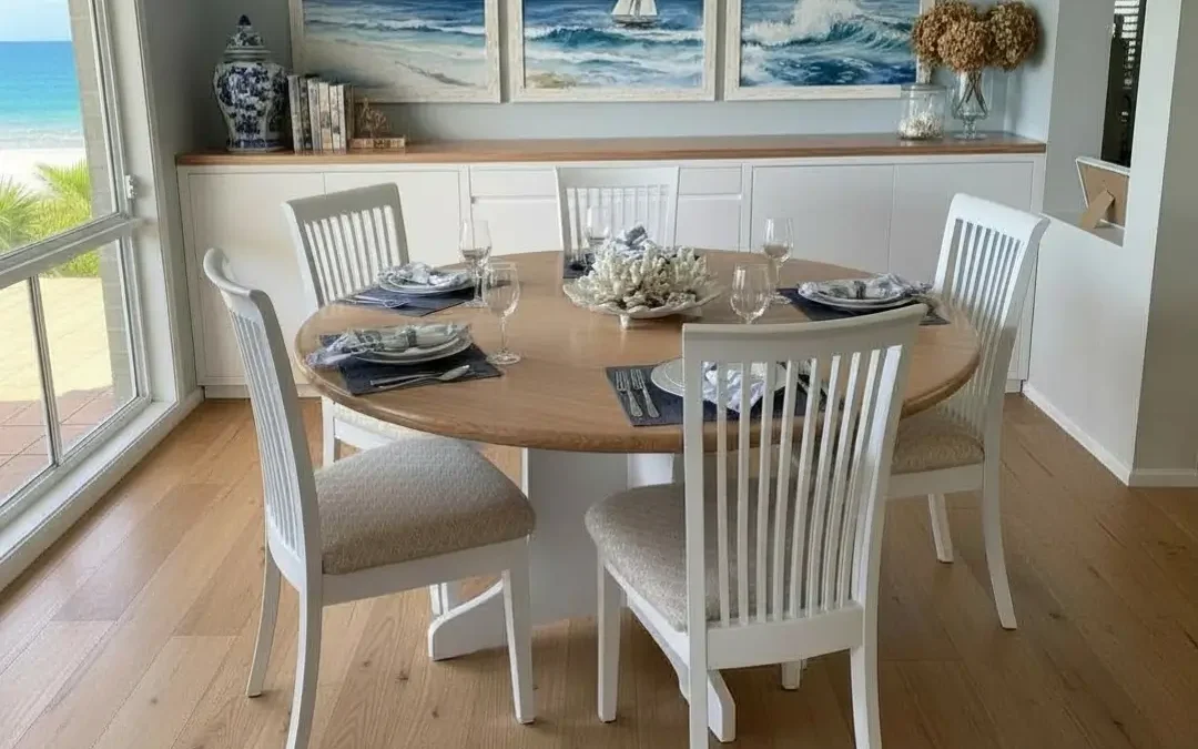 Round coastal dining table and chairs in Australian home, showcasing custom timber furniture.
