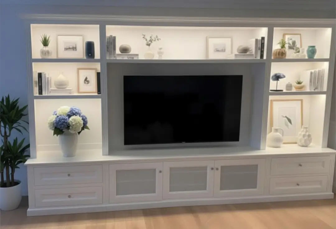 Coastal-Design-Furniture-wall-unit-led-lighting-1080x738 Custom made wall unit that incorporates section for a TV. Includes LED lighting to add a special touch.