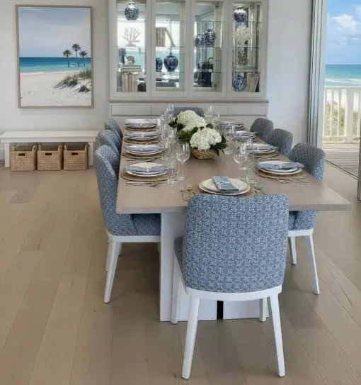 Coastal-Design-Furniture-custom-made-all-unit-under-stairs-510x384 Coastal dining table setting with fabric chairs in a Central Coast home, Australian made.